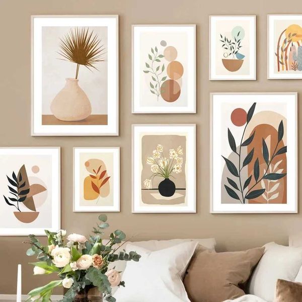 New Arrival Boho Natural Leaf Flower Vase Abstract Posters Prints Canvas Painting Morandi Nordic Wall Art Pictures Living Room Home Decor Z2