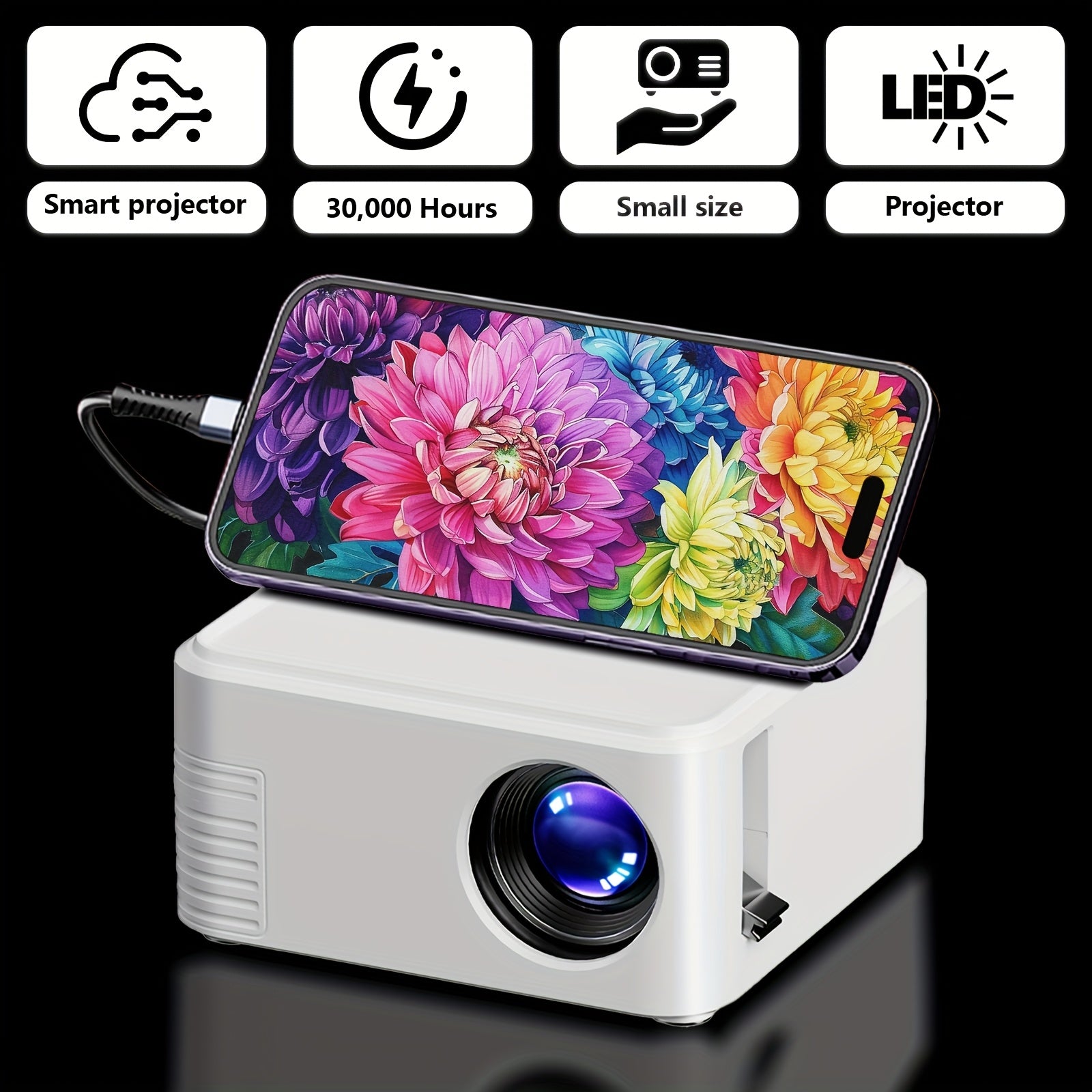 TEMU Portable Projector, Supports 1080p, Usb Connection, Compatible With Smartphones, Tablets, Laptops, Hdtvs And Usb Drives, Desktop Mount, Led
