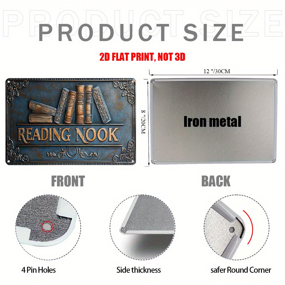 TEMU 2d Flat "reading Corner" Metal Wall Decoration, 12 * 8 Inch Retro "book Corner" Wall Decor Iron Art Decoration Sign Plaque, Farmhouse Porch