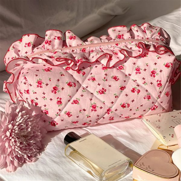 Ruffles Floral Women Cosmetic Bag Zipper Wash Bag Makeup Organizer Case Large Capacity Lipstick Storage Bag Travel Toiletry Bag 240816