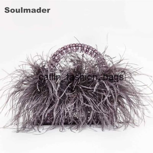 Evening Bags Pearl beaded evening bag Ostrich feather fur designer Clear crystal stone box tote handbag women handmade party purse caitlin_f