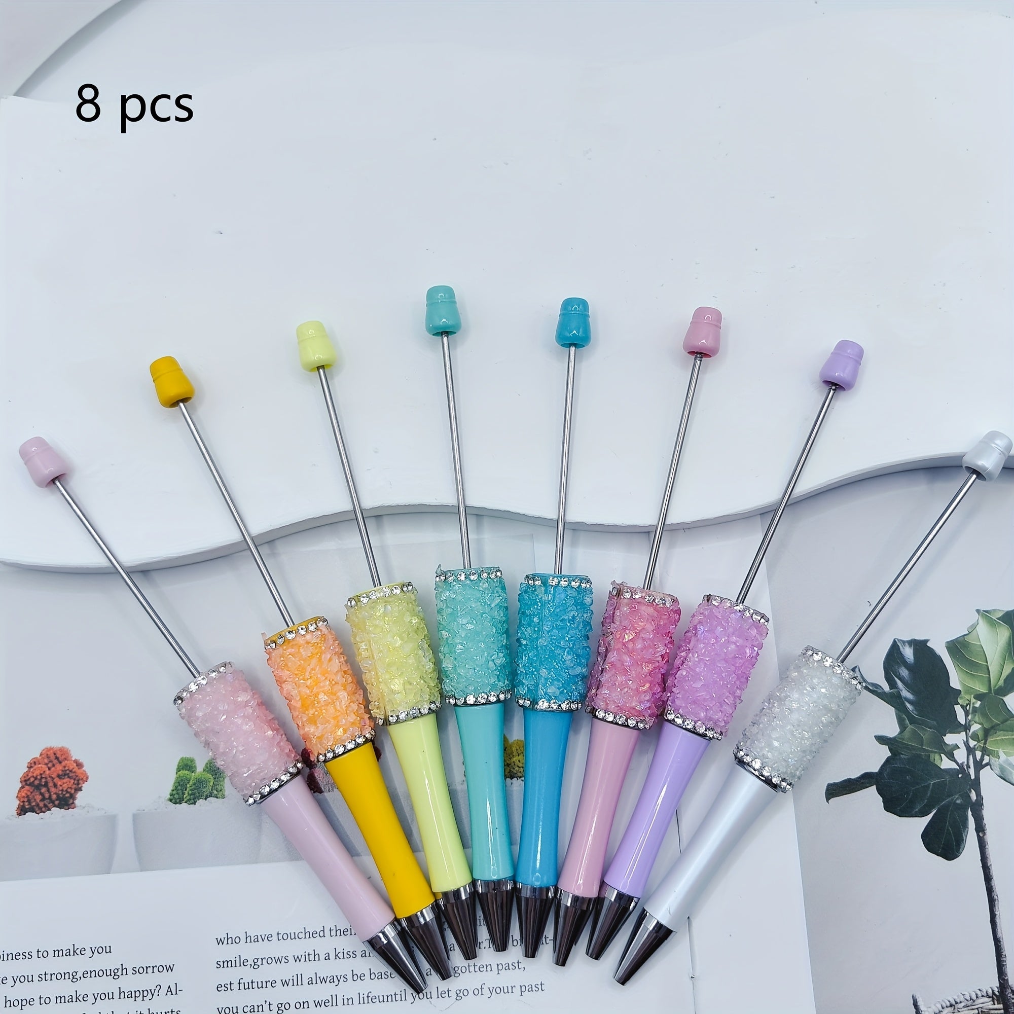 TEMU 8pcs, 8 Different Colors Crystal Beaded Pens With Gravel-like Particles, Crystal Accents, Ultra-high Aesthetic, Pen Body With