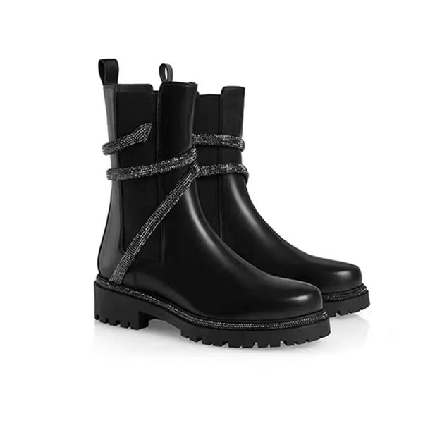 Rhie Snake Strass Wraparound Low Heel Heavy Duty Women Designer Half Leather Shoes Knight Boots