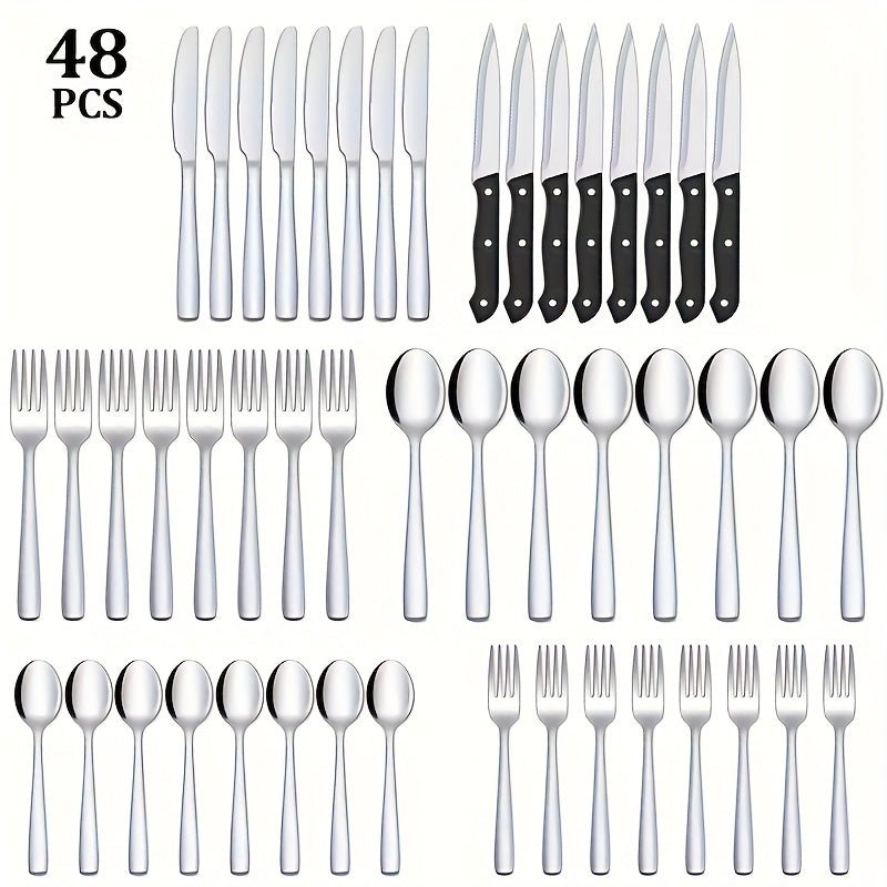 TEMU 24-48pcs Black Silverware Cutlery Set, Halloween Stainless Steel Cutlery Set, Cutlery For 8 People, Mirror Polished, Including 8 Steak Knives, 8