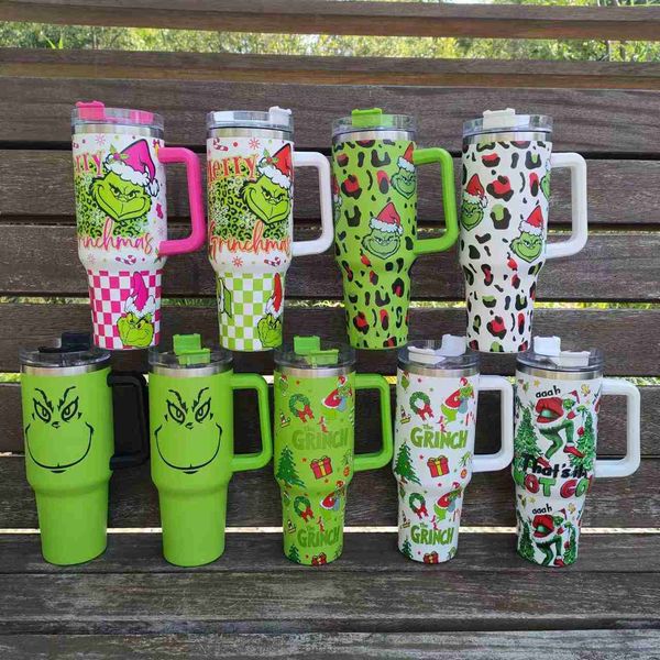 40oz Christmas Printing Tumblers Cup With Handle Insulated Stainless Steel Lids Straw Car Travel Mugs Coffee Tumbler Termos Cup