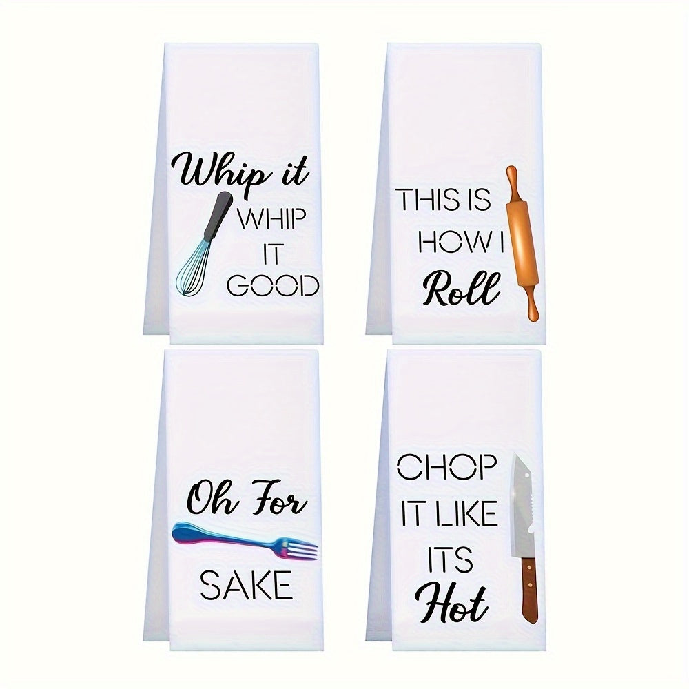 TEMU 4pcs, Hand Towels, Simple Style Funny Kitchen Towel, Cooking Utensils Pattern Decorative Dishcloth, Soft And Absorbent Tea Towel For Holiday,
