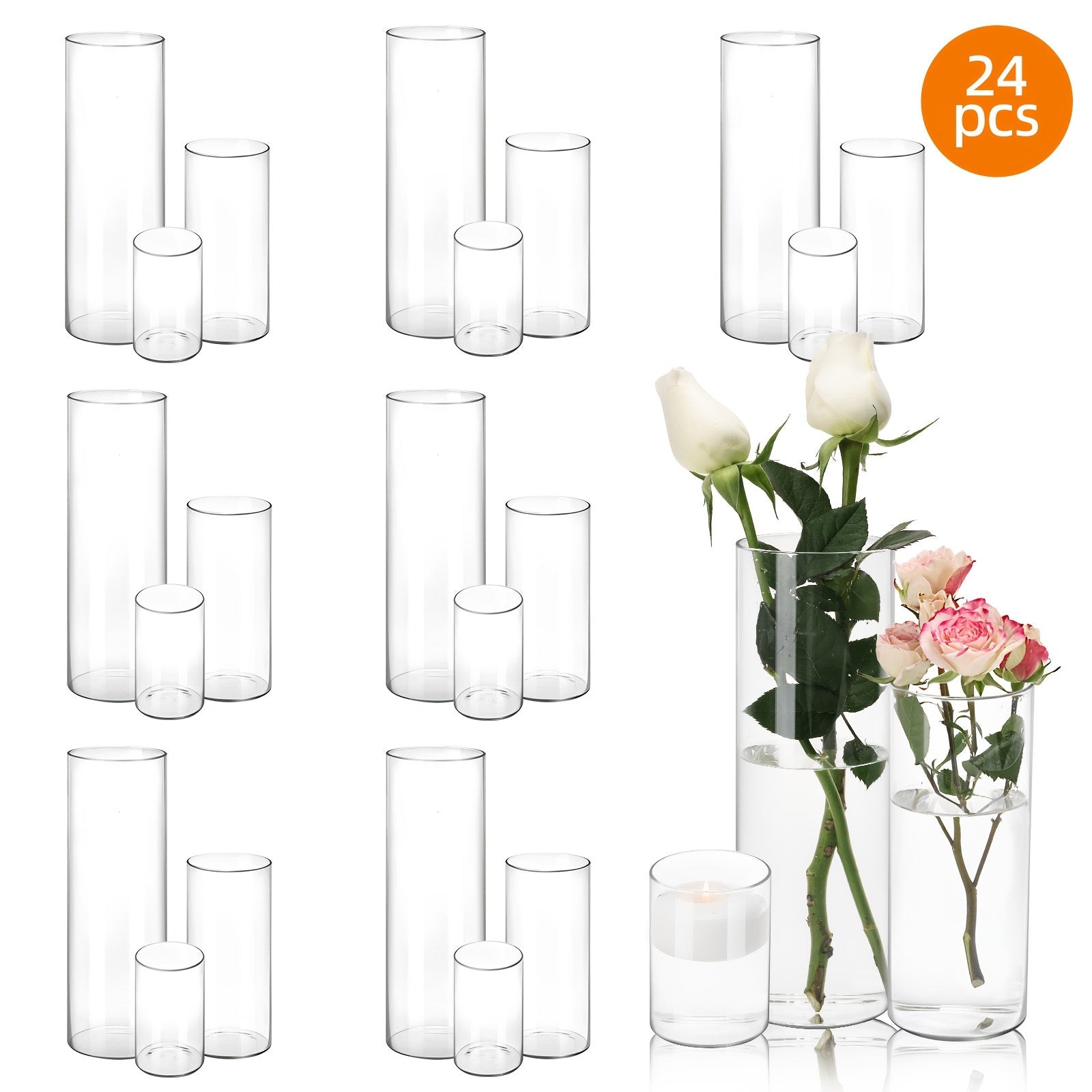 TEMU Tomnk 24 Pack Glass Cylinder Vases, 4, 8, 12 Inch Tall Clear Glass Cylinder Vases For Centerpieces, Glass Flower Vase, Clear Flower Vase