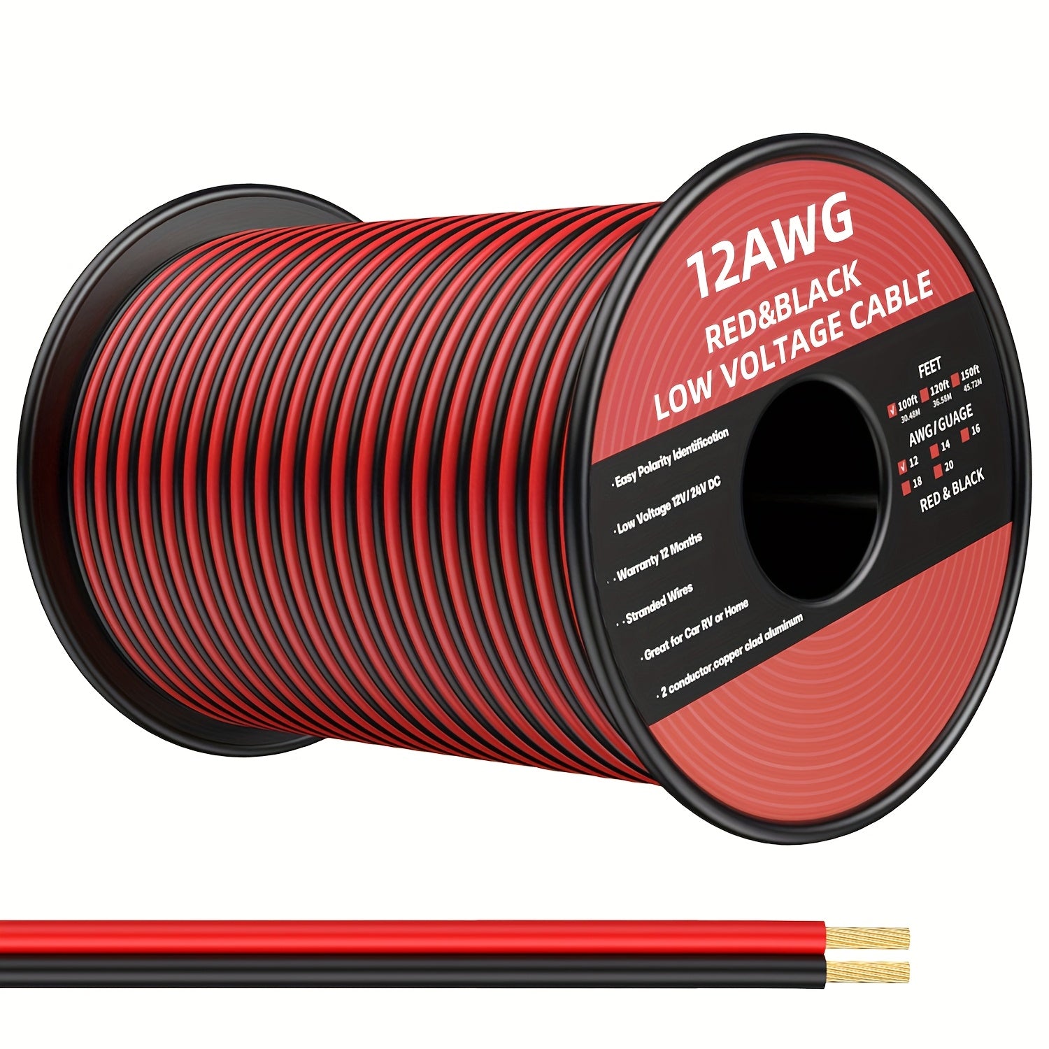 TEMU 100ft 12 Awg Automotive Wire, 2 Conductor 12v Electrical Wire, Flexible Low Voltage Wire For Led Lights, Car Speakers, Marine Applications, And