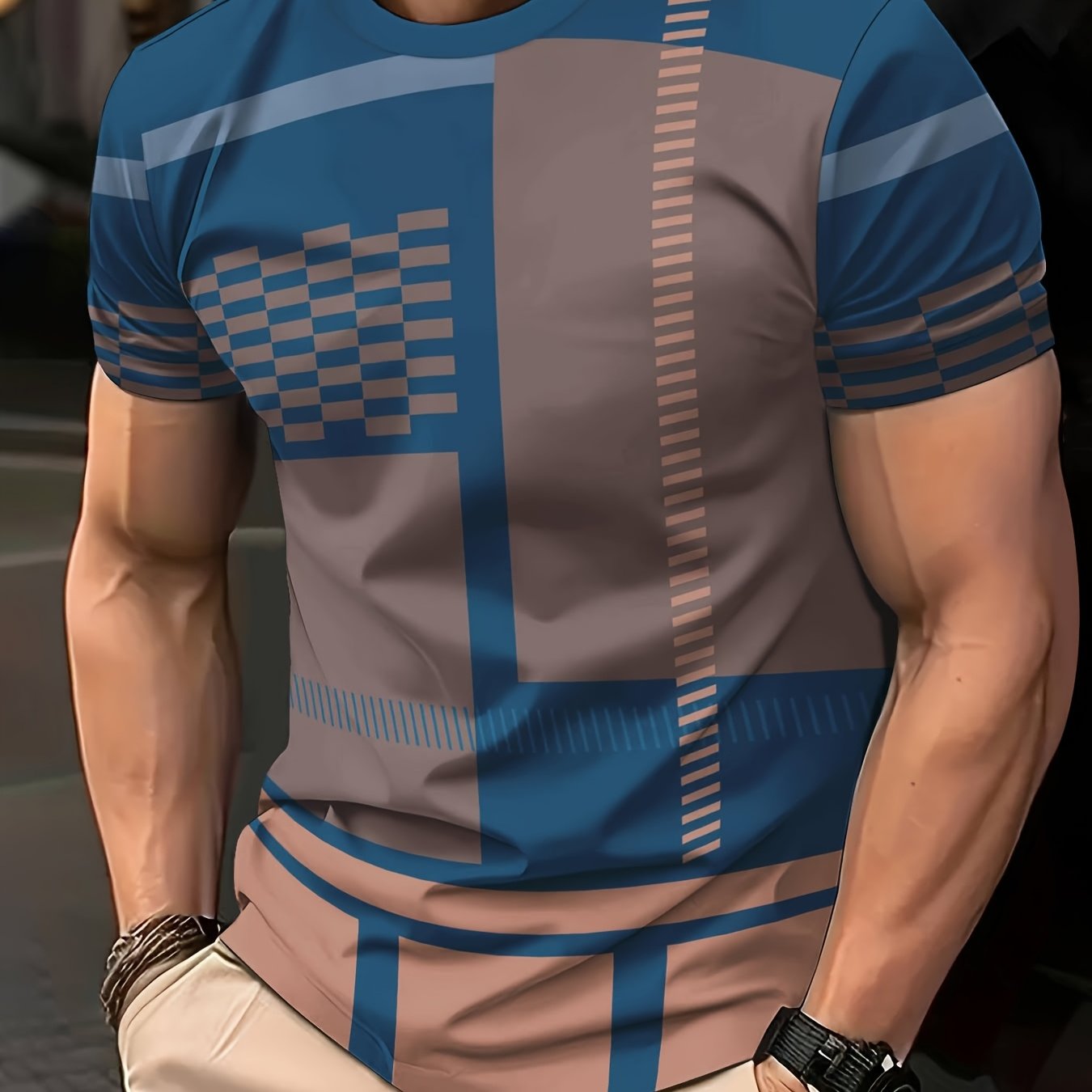 TEMU Men's Casual Crew Neck T-shirt, Geometric Pattern In Blue And Brown, Comfortable Breathable Fabric, Summer Fashion Tee For