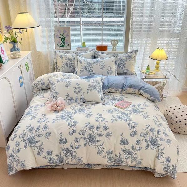 100% pure cotton luxury floral down duvet cover set for boys and girls single comfortable set retro blue plant pattern bedding X250203
