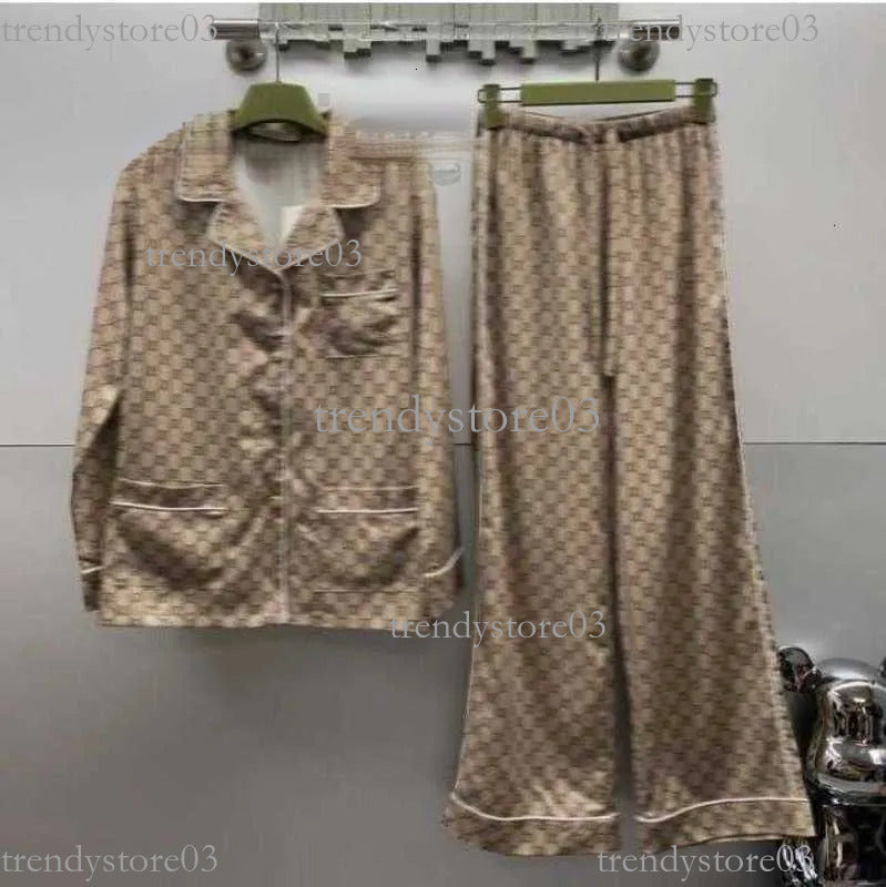 Women&#039;s Sleep & Lounge designer Tracksuits Letters Full Print Vintage Pajamas Style Silk Shirt Drawstring Elasticated Waist Trousers Set Sleepw