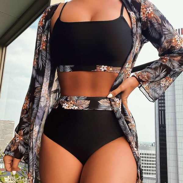 2024 New Maple Leaf Printed Long Sleeve Splicing Three Piece Split Swimsuit Women&#039;s Bikini