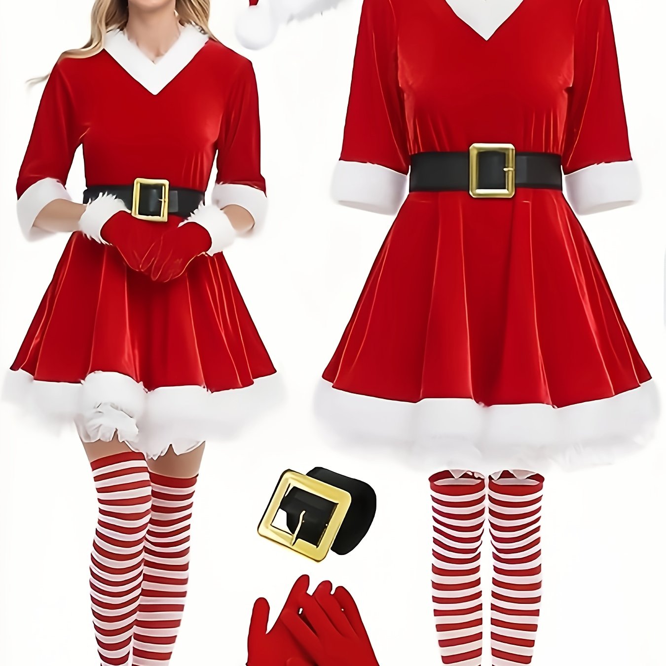 TEMU 5pcs Women's Christmas Dress, Santa Claus Role-playing Costume, Plush Decoration Velvet Round Neck 3-4 Cuff Skirt With Hat, Socks, Belt, Gloves,