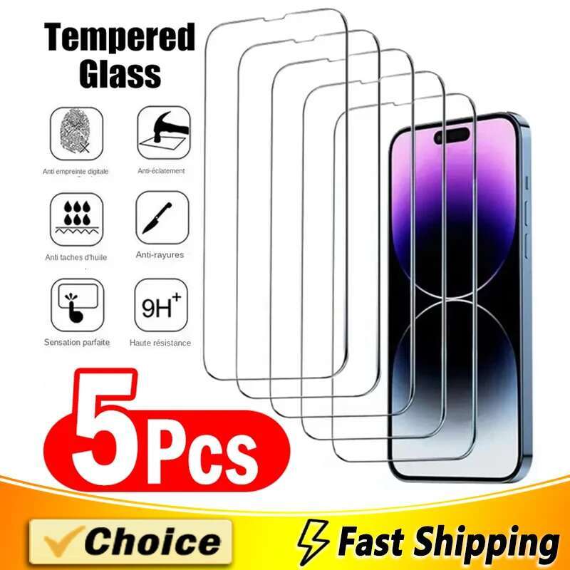 5Pcs Tempered 15 14 13 12 11 Pro Max Screen Protector for iPhone 12Mini 13Mini 7 8 Plus SE X XS XR 14Pro Glass