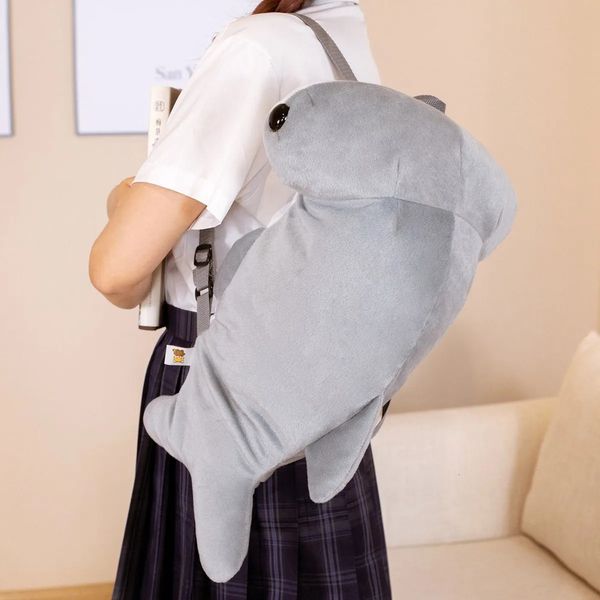 1pc 55cm Plush Hammerhead Grey Shark Backpack Toys Simulation Shark Dolls Stuffed Soft Student Backpack for Children Kids Gift 240105