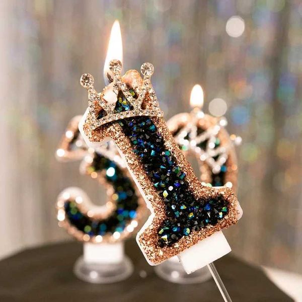 Sparklers Birthday Candle 1 Year Black Gold Birthday Candles with Topper Princess Crown Candle for Party Decor Y240815