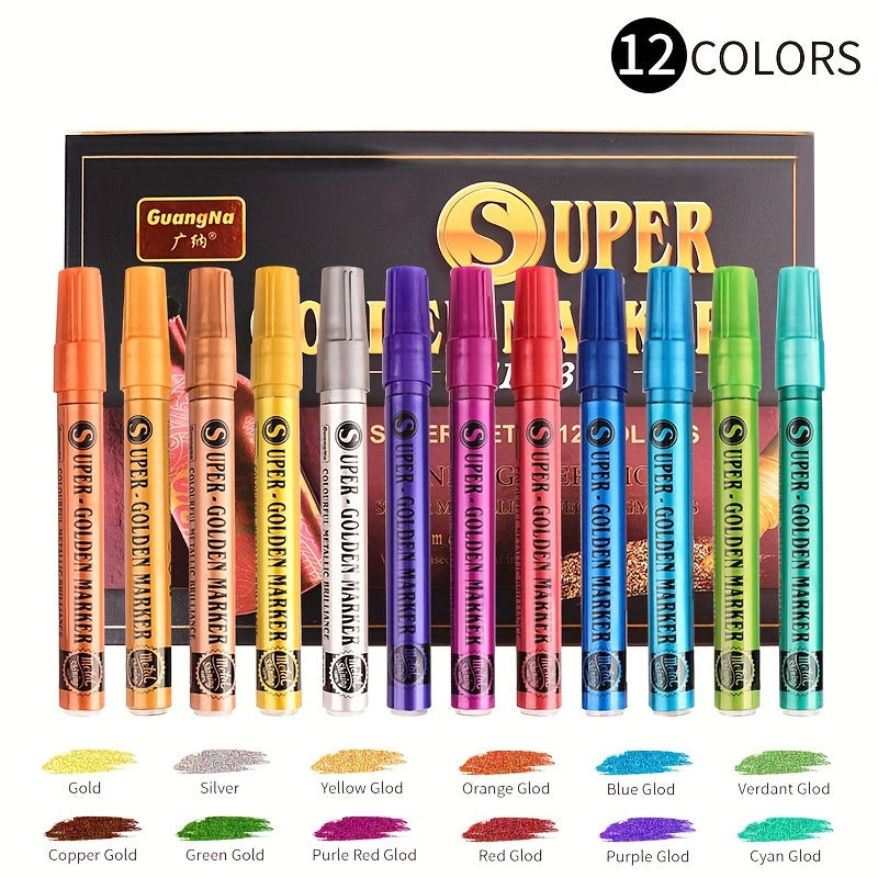 TEMU 1 Set Of 12 Vibrant Acrylic Paint Markers - Glitter Pens For Creative Crafting On - , Rock Painting, Ceramic, Glass, Wood, Fabric, Canvas, Mugs,