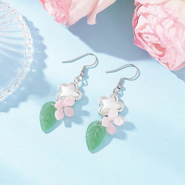 Boucles d'oreilles pendantes en acier inoxydable 304 avec motif fleur et lampwork fait main