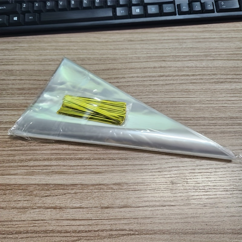 TEMU 100pcs Clear Cone Cellophane Bags With Golden Twist Ties - Popcorn, Candy & Small Business Packaging