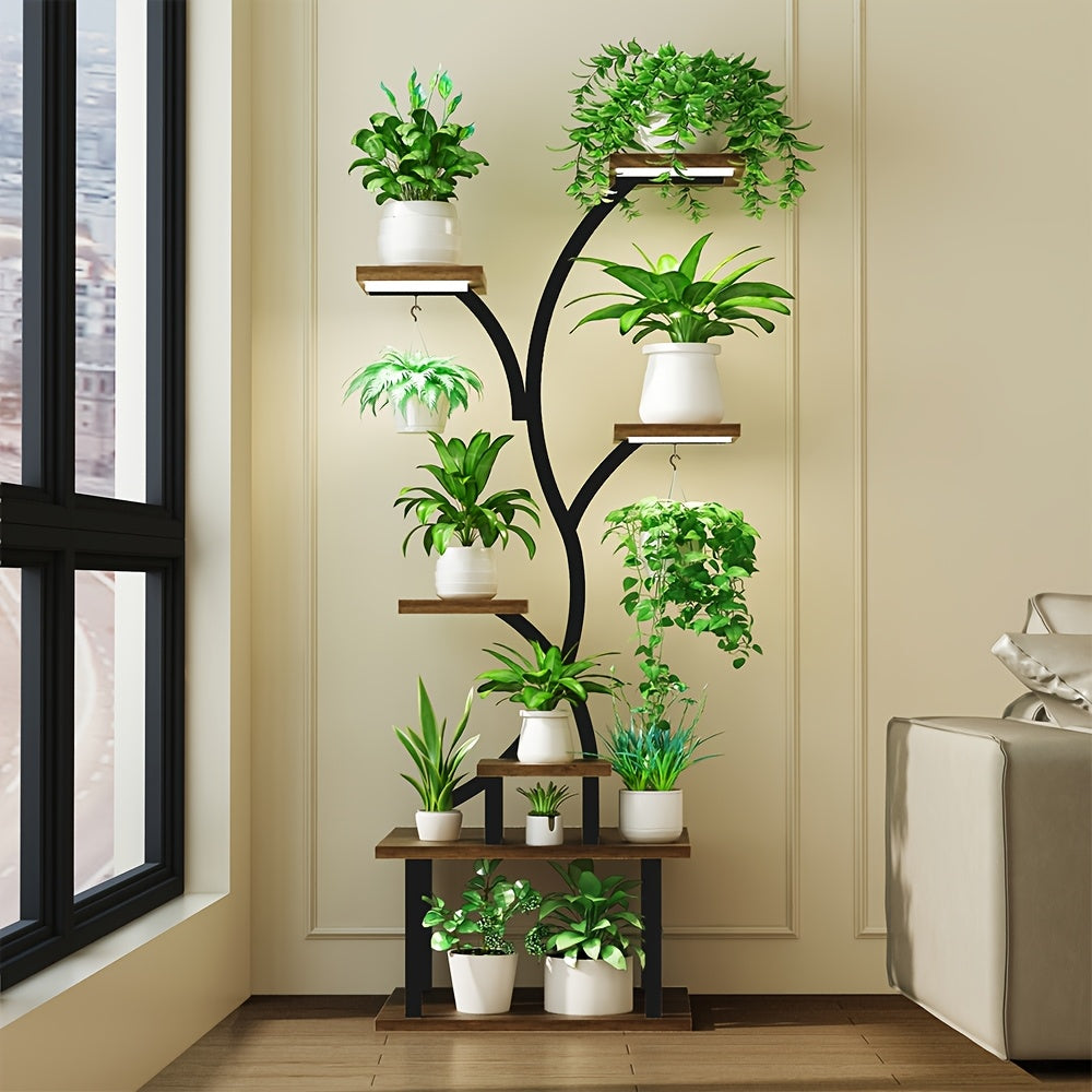 TEMU 1pc Indoor Plant Stand With Grow Lights, 8 Tier Multi-functional Metal Display Stand For Multiple Indoor Plants, Metal Plant Planter, Irregular