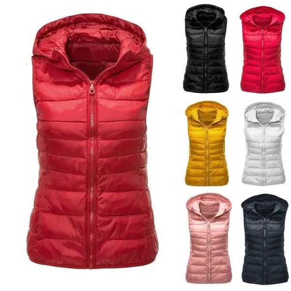 Winter Womens Hooded Outerwear Sleeveless Jackets Cottonpadded Warm Pure Color Coat 240115
