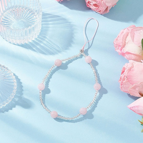 Chaînes de dragonne pour téléphone en perles rondes de quartz rose naturel et de graines de verre