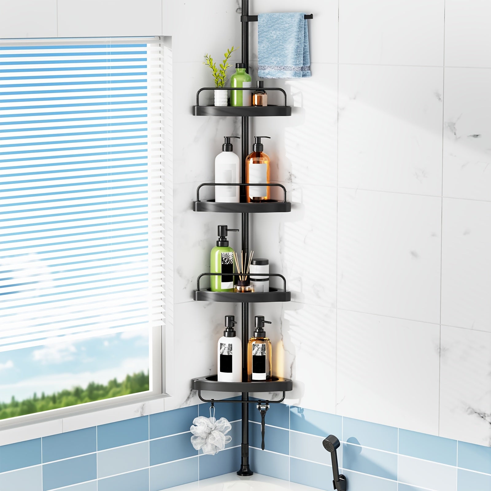 TEMU Hamitor Corner Shower Caddy Tension Pole: Adjustable Stainless Steel Shower Organizer With 4 Tier Shelf For Bathroom Bathtub Tub Shampoo -floor
