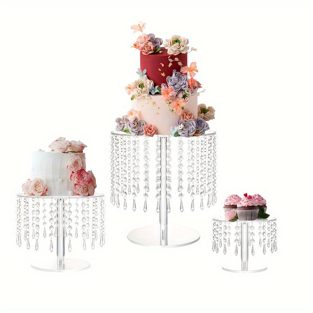 TEMU Acrylic Cake Stand With Pendants, 3pcs Clear Acrylic Cupcake Stand For Dessert Table, Round Base Cake Display Stand For Wedding, New Year,
