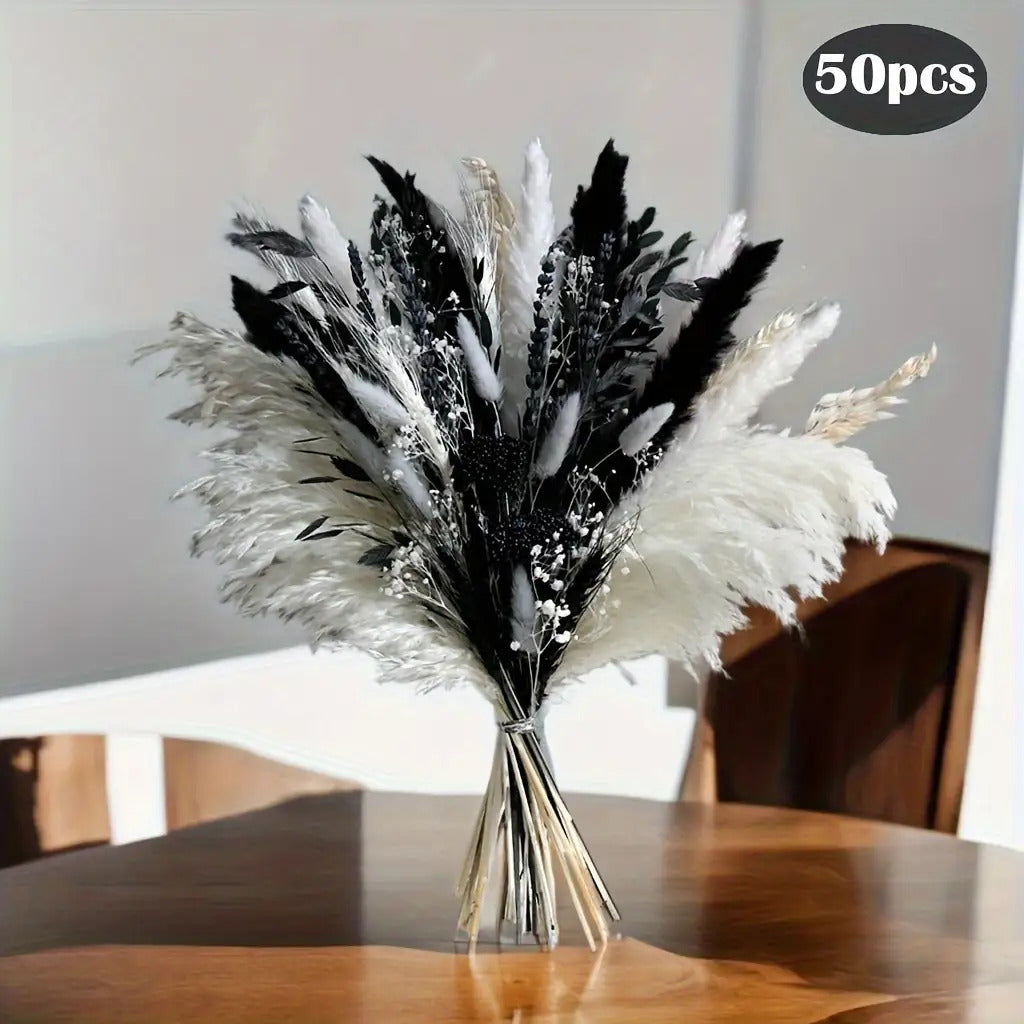 TEMU Luxurious Black And White Dried Flower Bouquet - 50 Stems Of Reed Grass, Bunny Tail, Reed, , Lavender, And Dried Plants, Weddings, Home Decor,