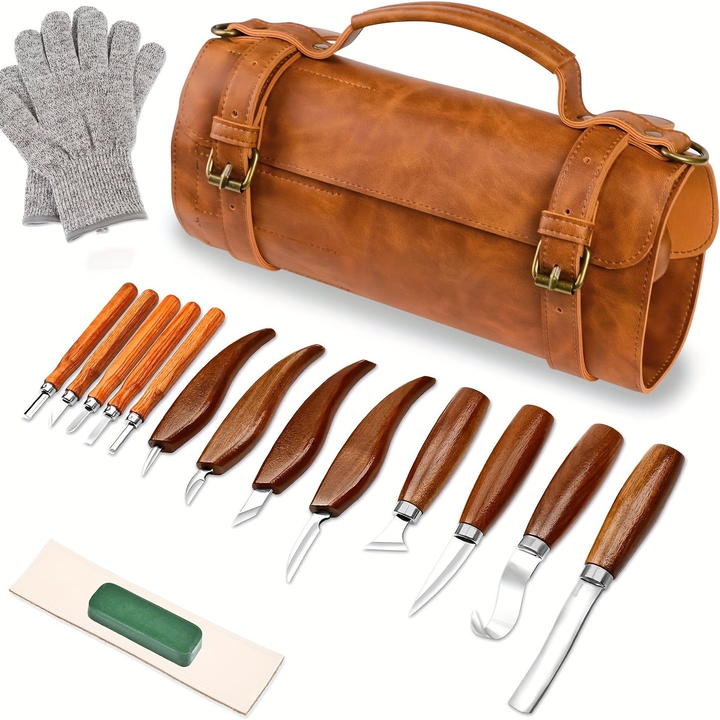 TEMU Deluxe Wood Carving Tools - Wood Carving Kit - 8pcs Wooden Carving Knives, 5pcs Detailing Knives, Leather Storage Bag, Gloves, Knife Sharpeners