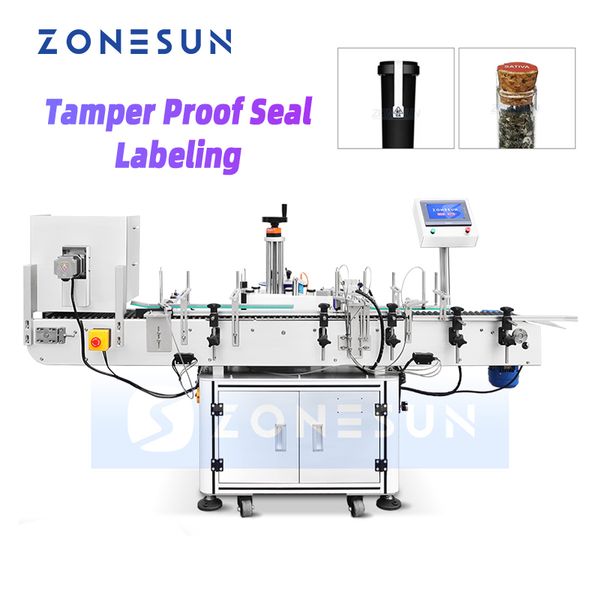 ZONESUN Automatic Tamper Evident Stickers Labeling Machine Tamper Proof Seal Label Applicator on Round Bottles Tubes ZS-TB823F