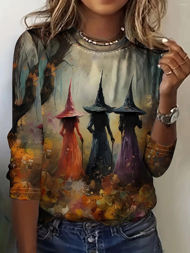 Women&#039;s Blouses Halloween Women Sweatshirt Designer Round Neck Long Sleeve Loose Casual Fall Witch Fun Graphic Print Tops