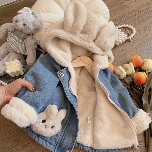 Vest Autumn Winter Thicken Warm Baby Girls Denim Jacket Cute Plush Rabbit Ears Hooded Coats For Girl Children Outerwear Clothing 2-8Y S24121