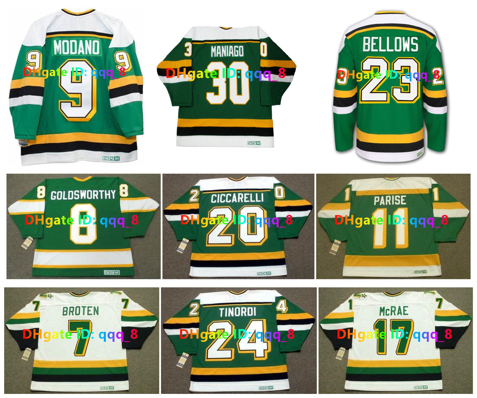 MIKE MODANO DINO CICCARELLI Custom CCM Throwback North Stars Hockey Jersey NEAL BROTEN J.P. PARISE BILL GOLDSWORTHY CESARE MANIAGO BASIL McRAE HARTS