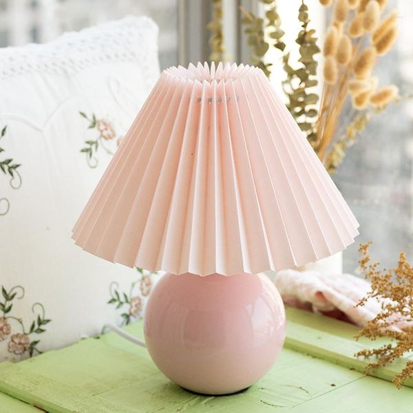 Table Lamps Korean Vintage Pink Ceramic Lamp Bedside Living Room Light Fixtures Fold Fabric Nightstand Desk Art Deco