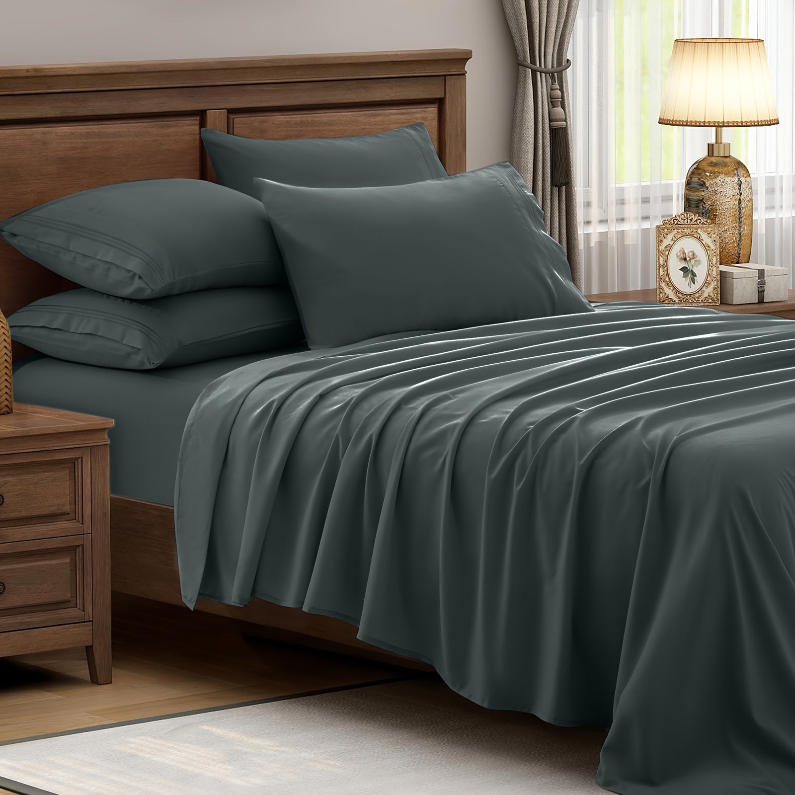 TEMU 6pcs Cooling Bamboo Bed Sheets Set, Microfiber Sheets Set With 4 Pillowcases, Breathable & Bamboo Sheets Set, Temperature Regulating Bedding,