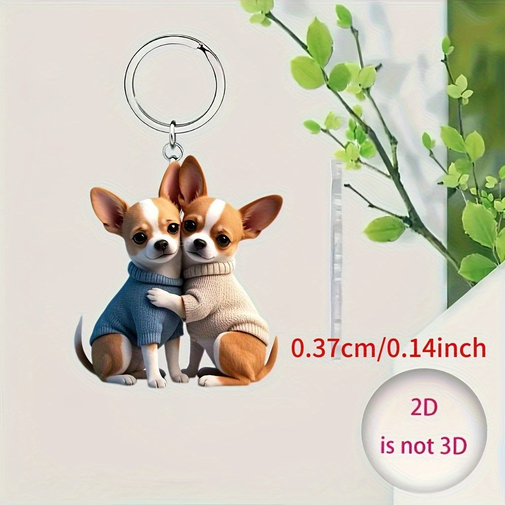 TEMU 2d Flat, 1 Cute Chihuahua Dog Hug Acrylic Keychain - Suitable For Car Keys, Backpacks, Home Garden Decor, Party Gifts, Valentine's Day Movie