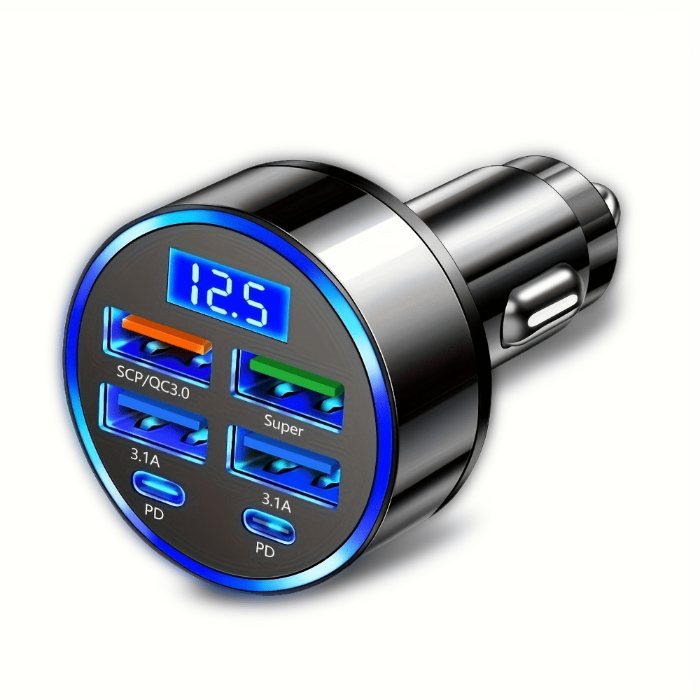 TEMU 1pc Car Charger With Led Voltage Monitor - 60w Super Fast 6-port (2 Pd-4 Usb-2 Type-c) Adapter, Vehicle Accessory For Road Trips Compatible With