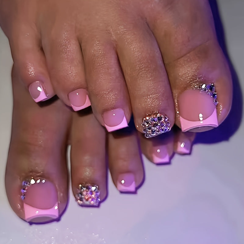 TEMU 24pcs Short Square Press On Nails Pink French Tip Nails With Glitter Accents Glossy Finish For Women And To Toe Nails Perfect For Graduation