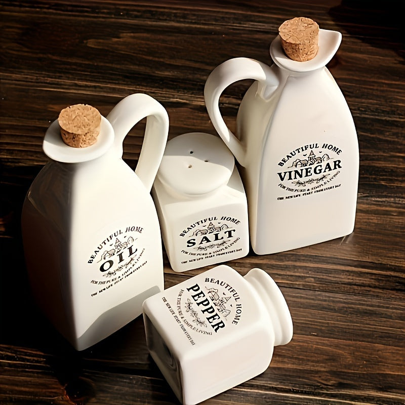 TEMU Set Of 4 Ceramic Spice Jars, Leak- Bottle With Wooden Stopper, Spice Bottle With Lid, Durable And Easy-to- Bottle, Spice Jar, Vinegar Bottle.