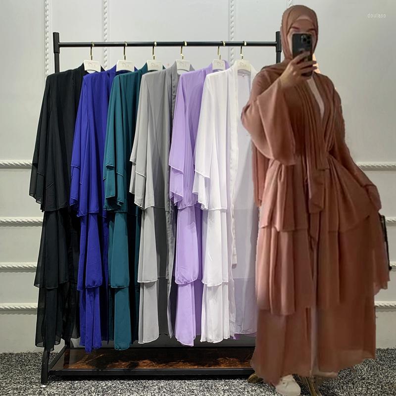 Ethnic Clothing Open Abaya Kimono Dubai Turkey Cardigan Robe 3 Layers Chiffon Ruffles Muslim Women Dress Caftan Marocain Islamic
