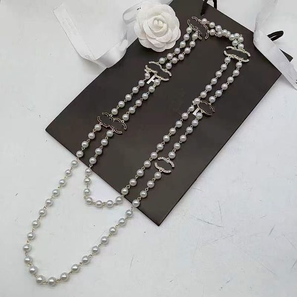 Long pearl Designer Pendants Necklaces Crystal Pearl Titanium steel Letter Choker Necklace Sweater Chain Jewelry Accessories Gifts