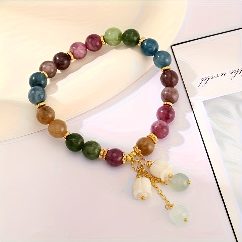 TEMU Colorful Natural Stone Bracelet With Floral Pendant, A Perfect Gift For Your Girlfriend Or Best Friend, Suitable For All