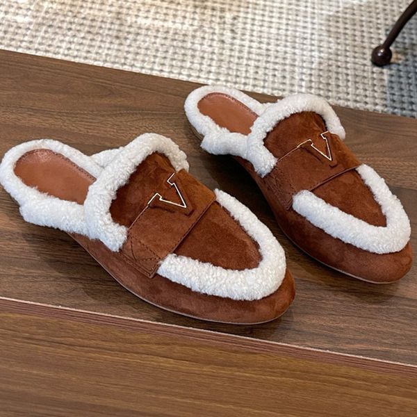 Winter Designer Luxury Fur Slippers Shearling sandals Women&#039;s Round Toe Wool Slippers Trendy Fluffy Slippers Suede Flat Casual Mule Sho