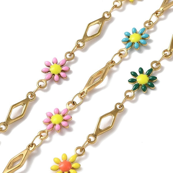 Chaînes à maillons en forme de fleur et de losange en acier inoxydable 304 doré avec placage ionique (IP)