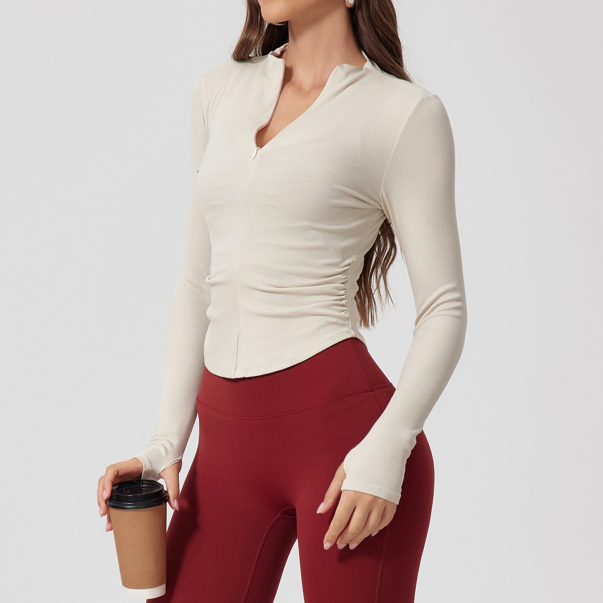 A55 Slim Fit Long Sleeve SweatShirt Ribbed Yoga Tops Outdoor Sports Outfits Stretch Half Zip Training Shirt Thumb Hole