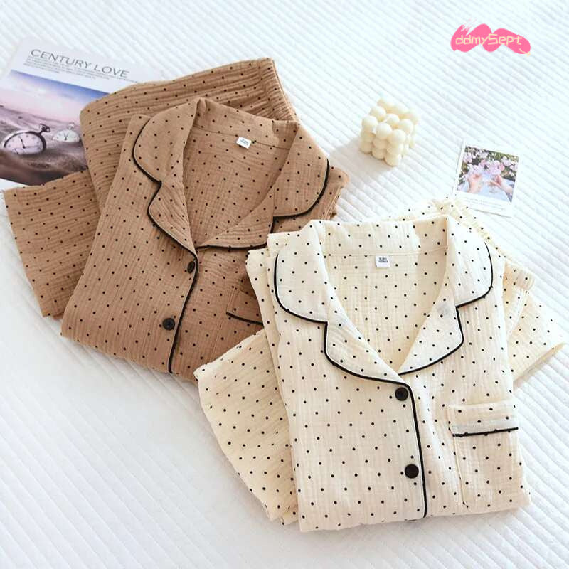 100% Cotton Gauze Women Pamas Polka Dot Print Sleepwear 2025 Spring Female 2 Piece Set Nightwear Lady Pyjamas Loungewear ddmySept