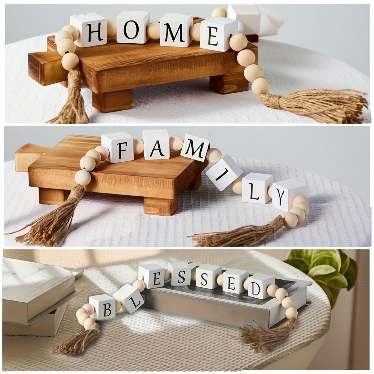 TEMU 3pcs Wooden Bead Set With Tassels, Decorative Beaded Wreath, Suitable For Tiered Trays, Coffee Tables, Shelf Decor, Bohemian Farmhouse Beads For