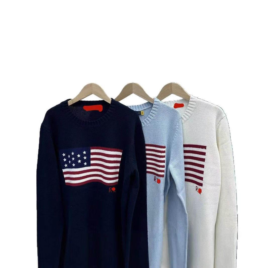 RL&#039;s new loose round-neck, flag-patterned, simple and versatile knitted sweater, suitable for both men and women, 226