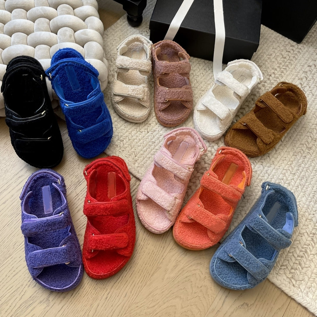 Designer Quilted Dad Sandals Sandal Women Womens Pink Tweed Fabric Black Winter Suede White Red Blue